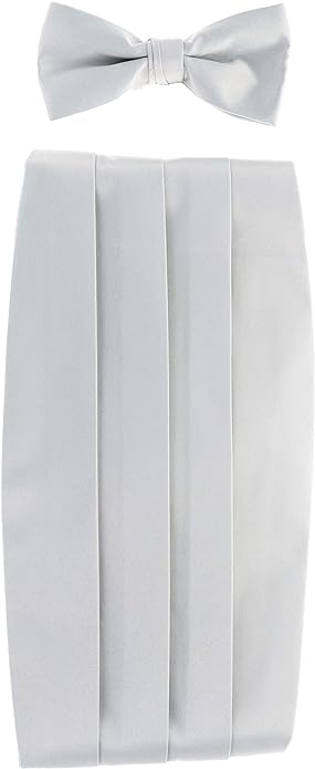Vittorio Farina Men's Satin Cummerbund, Bow Tie and Pocket Square Set in Gift Box - Suits You Sir - Silver -