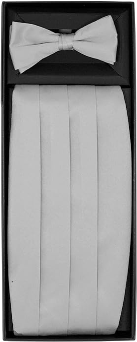 Vittorio Farina Men's Satin Cummerbund, Bow Tie and Pocket Square Set in Gift Box - Suits You Sir - Silver -