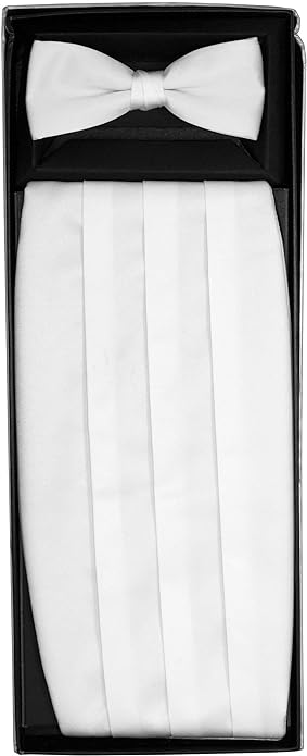 Vittorio Farina Men's Satin Cummerbund, Bow Tie and Pocket Square Set in Gift Box - Suits You Sir - White -