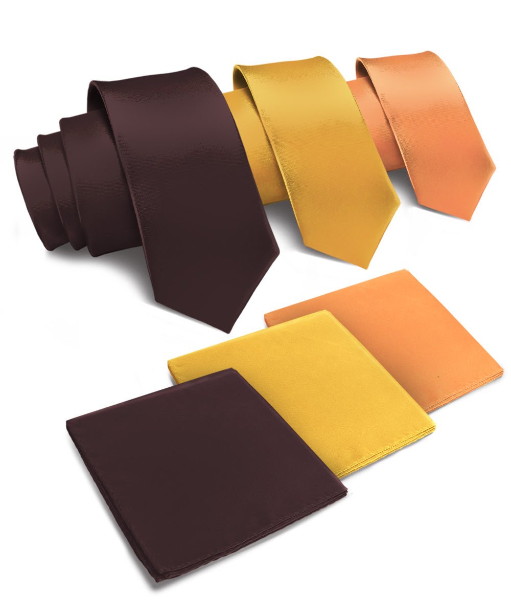 Vittorio Farina Men's Satin Necktie & Pocket Square (Multipack) - Suits You Sir - Brown/Mustard/Burnt Orange -