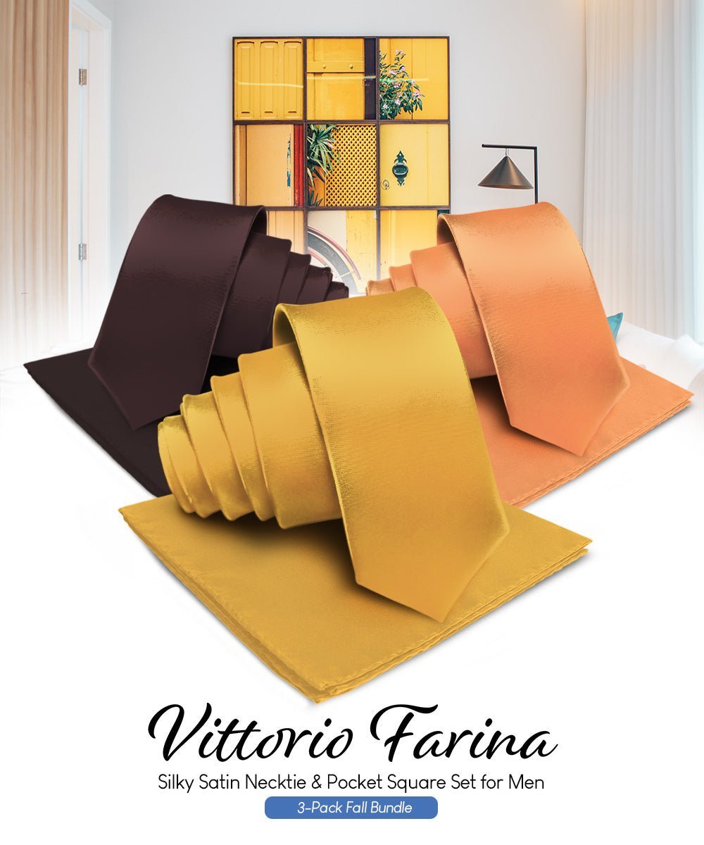Vittorio Farina Men's Satin Necktie & Pocket Square (Multipack) - Suits You Sir - Brown/Mustard/Burnt Orange -