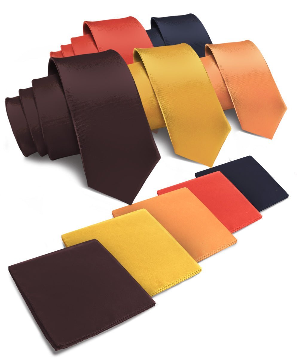 Vittorio Farina Men's Satin Necktie & Pocket Square (Multipack) - Suits You Sir - Brown/Mustard/Burnt Orange/Rust Red/Navy Blue -
