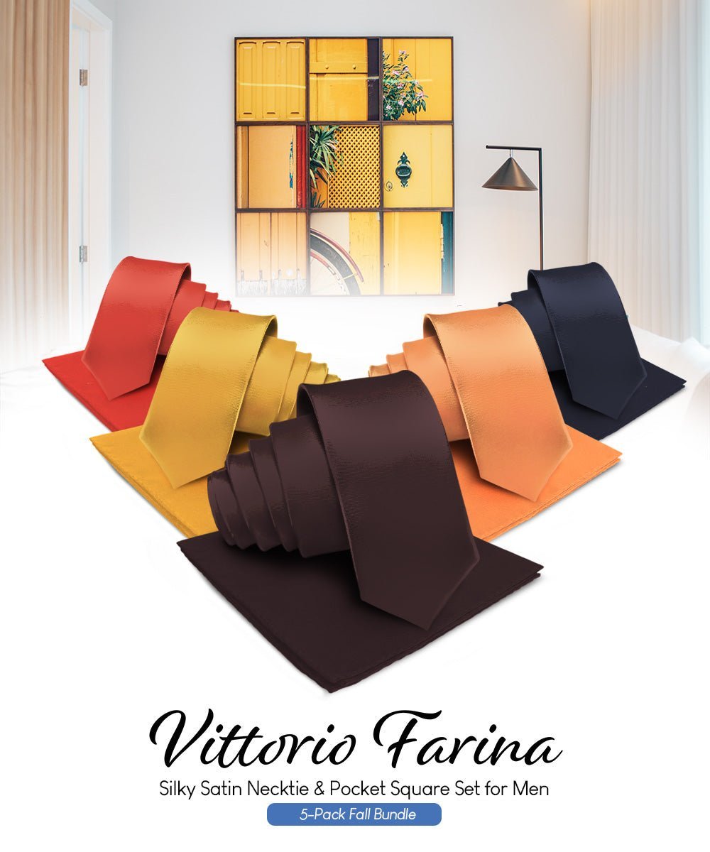 Vittorio Farina Men's Satin Necktie & Pocket Square (Multipack) - Suits You Sir - Brown/Mustard/Burnt Orange/Rust Red/Navy Blue -