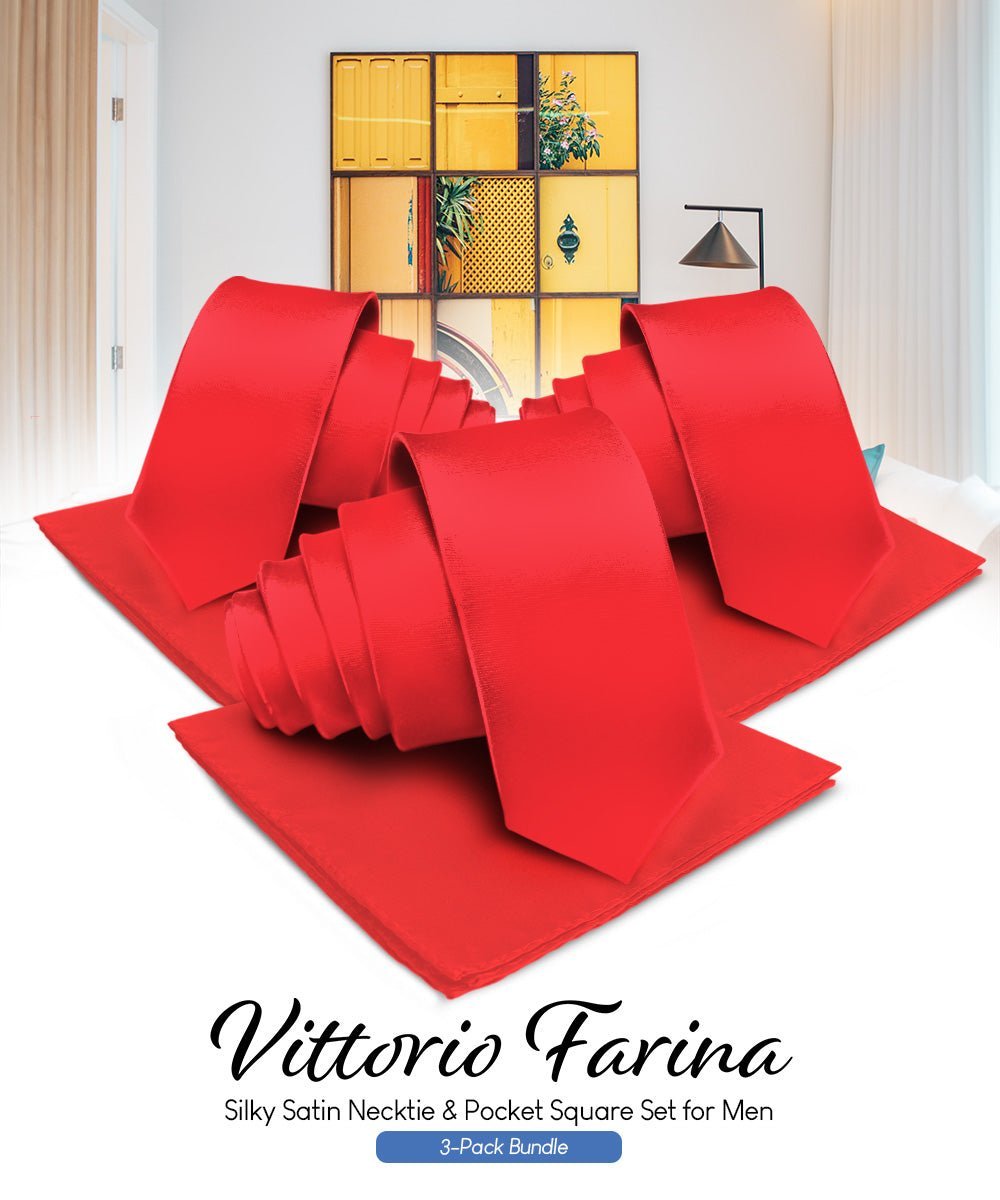 Vittorio Farina Men's Satin Necktie & Pocket Square (Multipack) - Suits You Sir - Red -