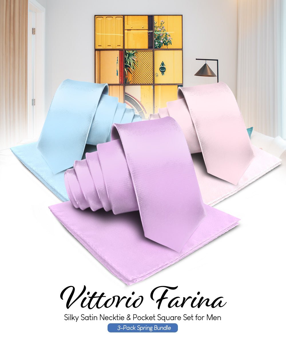 Vittorio Farina Men's Satin Necktie & Pocket Square (Multipack) - Suits You Sir - Sky Blue/Pink/Lavender -