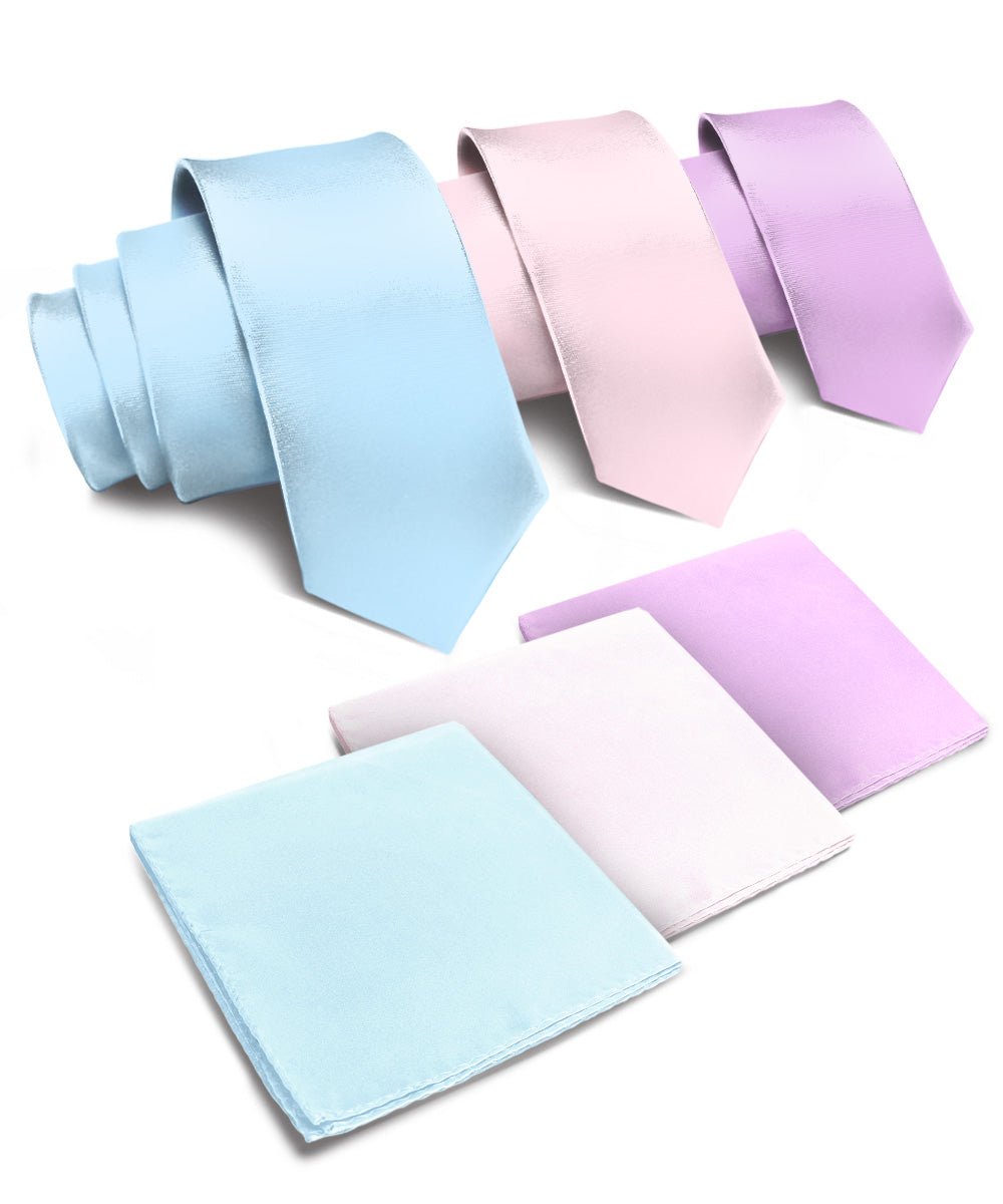 Vittorio Farina Men's Satin Necktie & Pocket Square (Multipack) - Suits You Sir - Sky Blue/Pink/Lavender -
