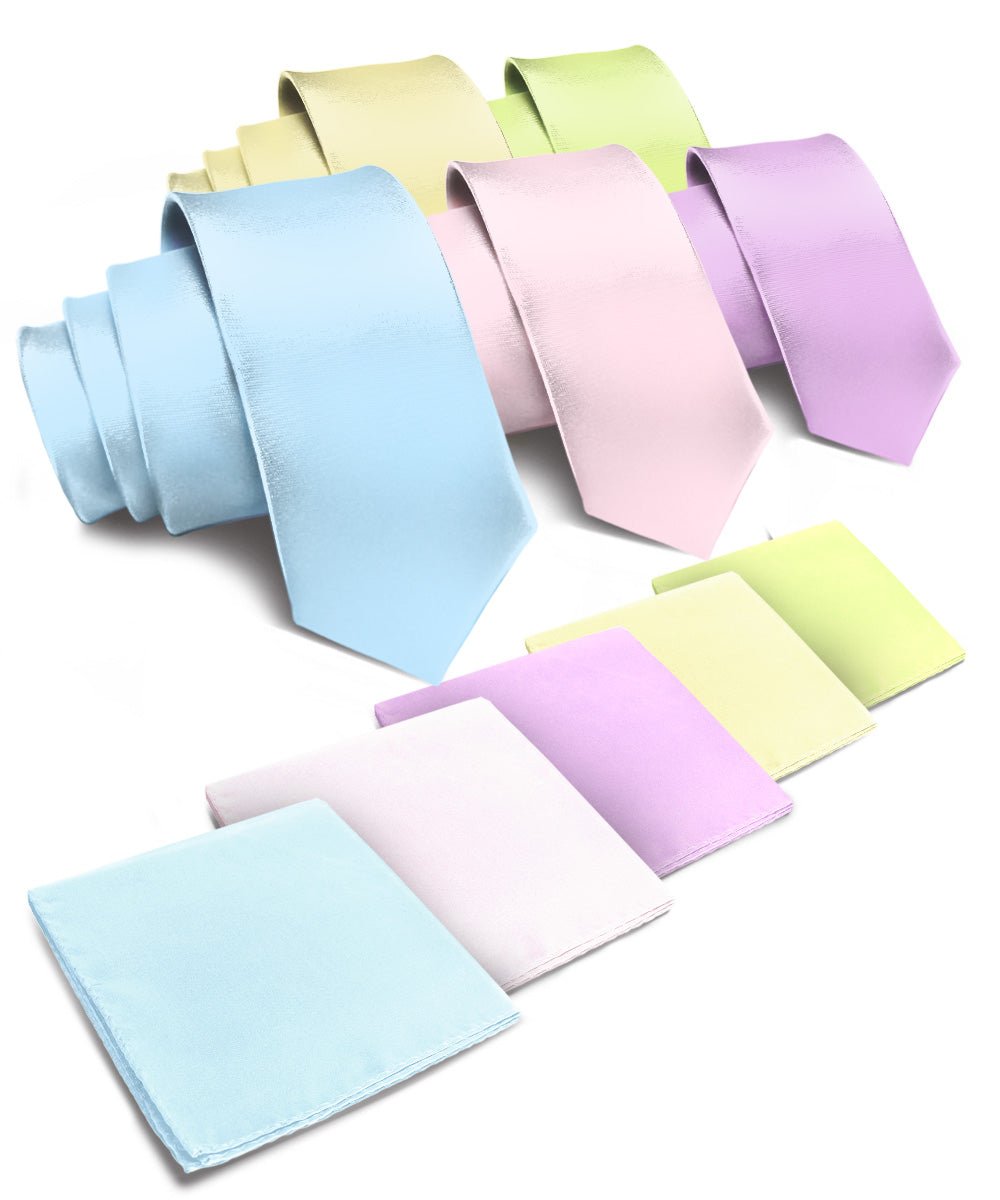 Vittorio Farina Men's Satin Necktie & Pocket Square (Multipack) - Suits You Sir - Sky Blue/Pink/Lavender/Maize/Mint Green -