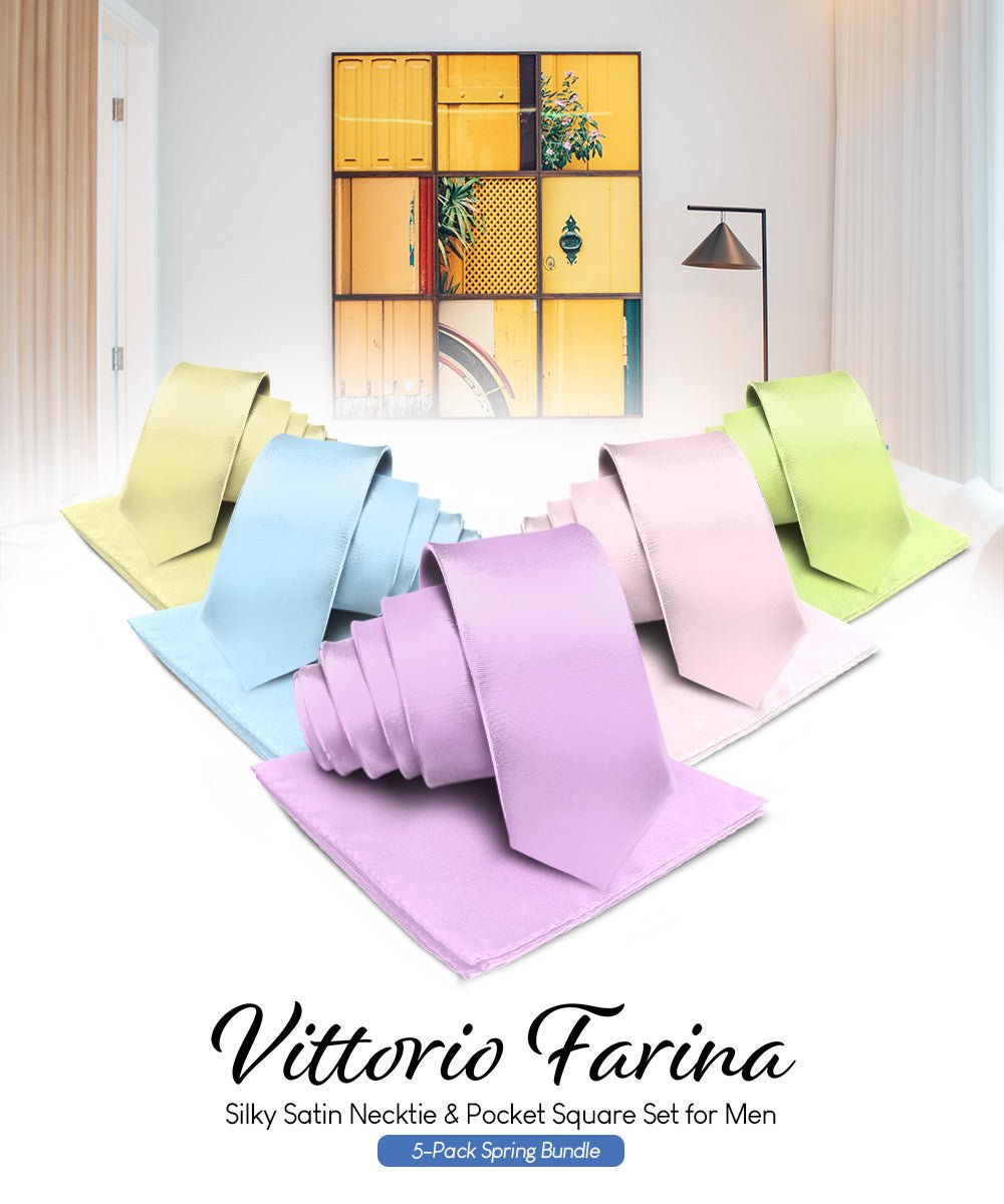 Vittorio Farina Men's Satin Necktie & Pocket Square (Multipack) - Suits You Sir - Sky Blue/Pink/Lavender/Maize/Mint Green -