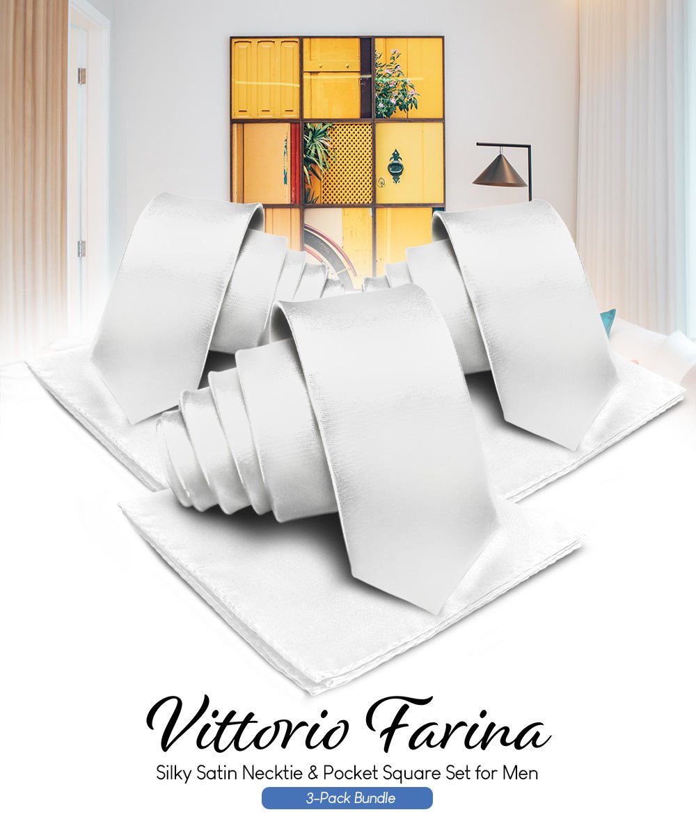 Vittorio Farina Men's Satin Necktie & Pocket Square (Multipack) - Suits You Sir - White -