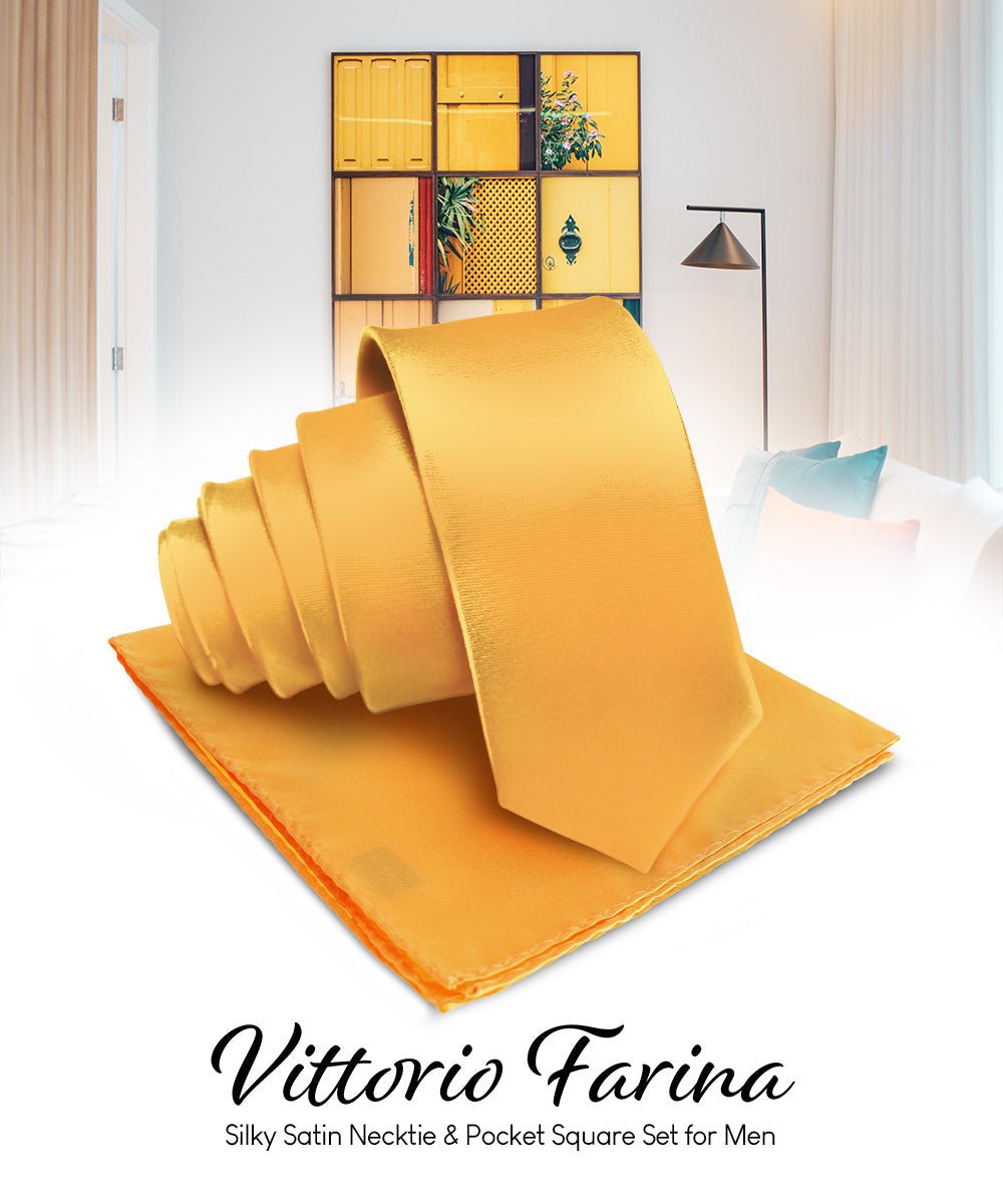Vittorio Farina Men's Satin Necktie & Pocket Square - Suits You Sir - Amber -