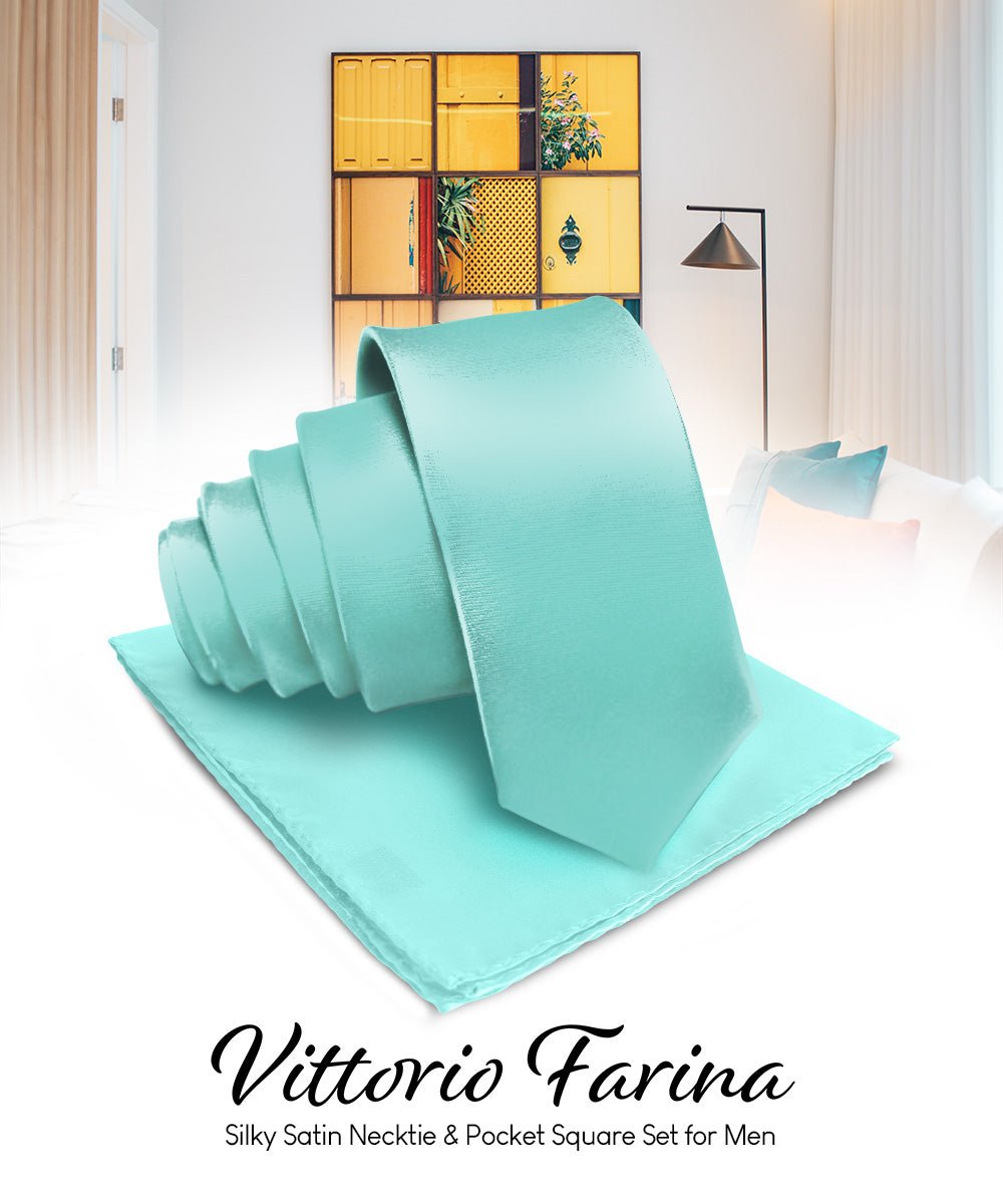Vittorio Farina Men's Satin Necktie & Pocket Square - Suits You Sir - Aqua -