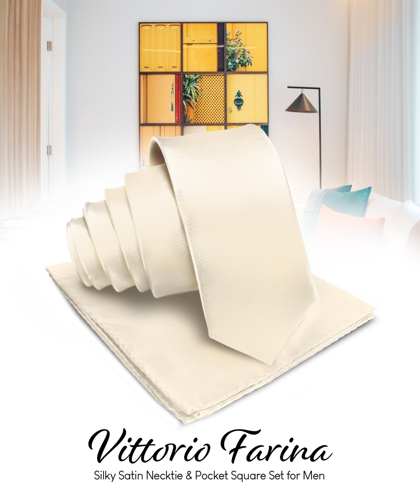 Vittorio Farina Men's Satin Necktie & Pocket Square - Suits You Sir - Beige -