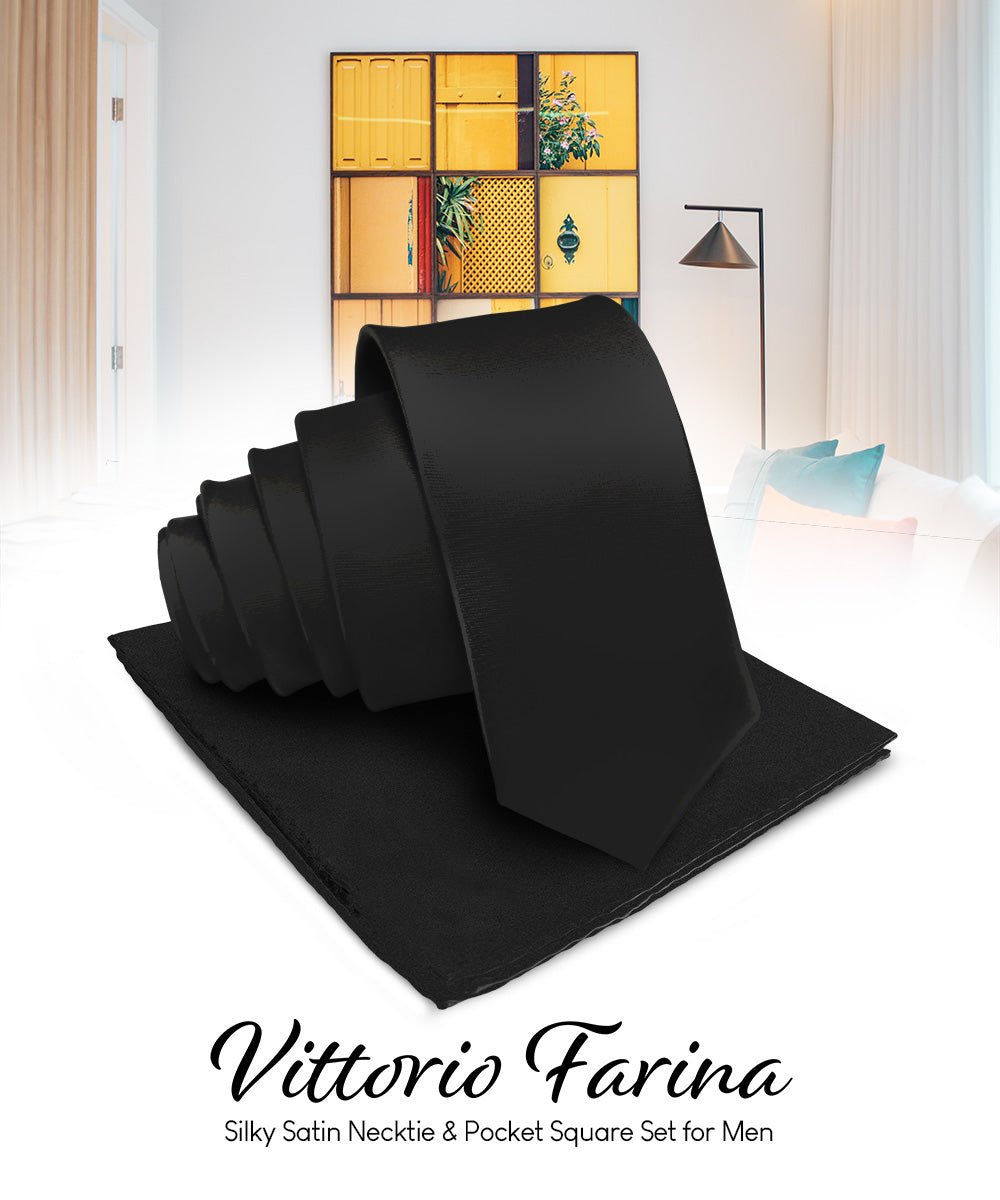 Vittorio Farina Men's Satin Necktie & Pocket Square - Suits You Sir - Black -