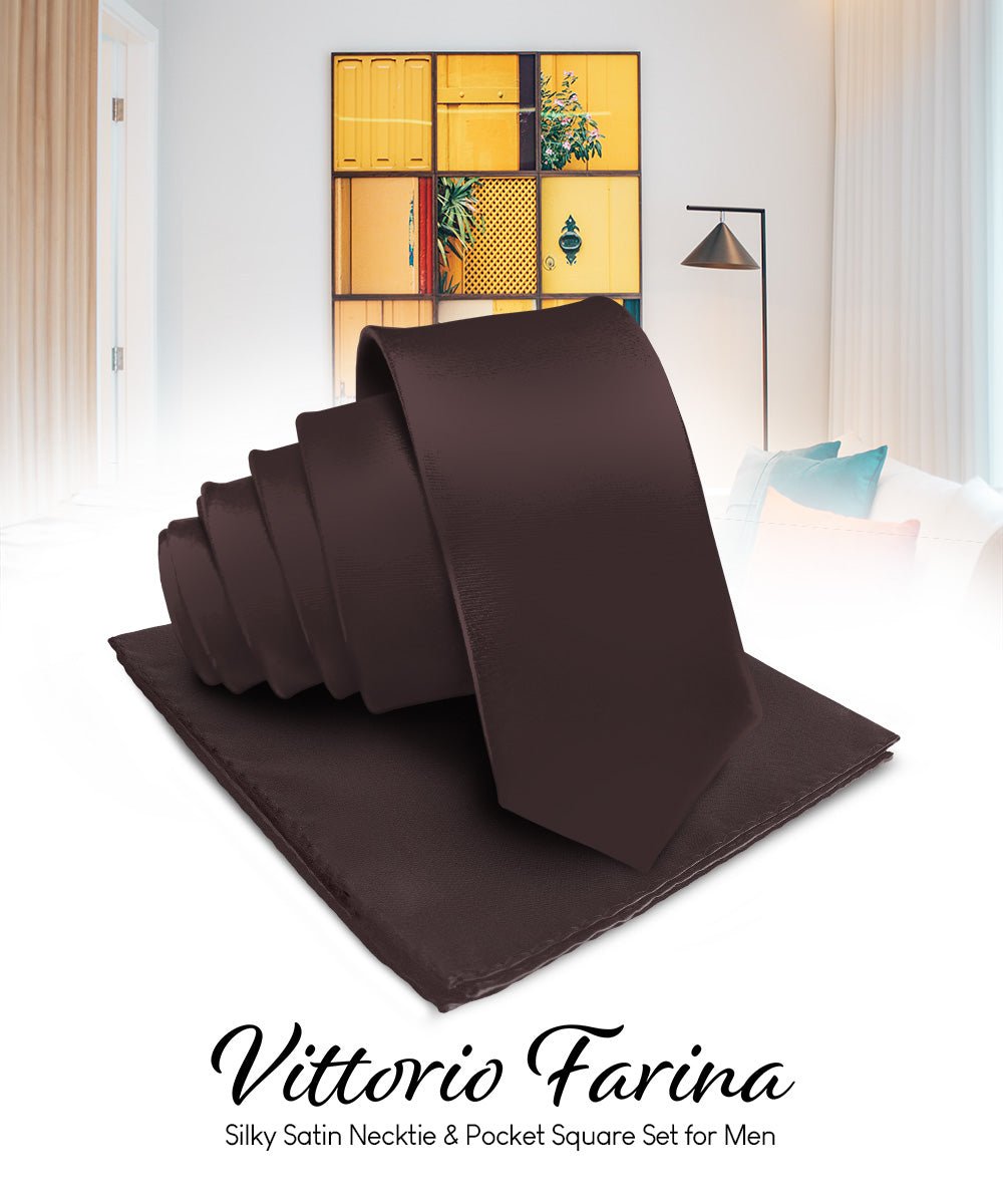 Vittorio Farina Men's Satin Necktie & Pocket Square - Suits You Sir - Brown -