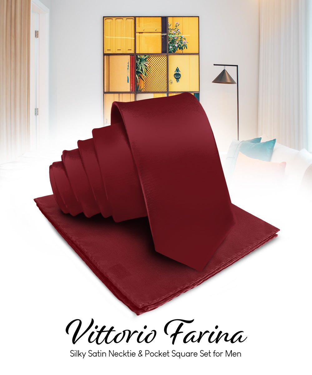 Vittorio Farina Men's Satin Necktie & Pocket Square - Suits You Sir - Burgundy -