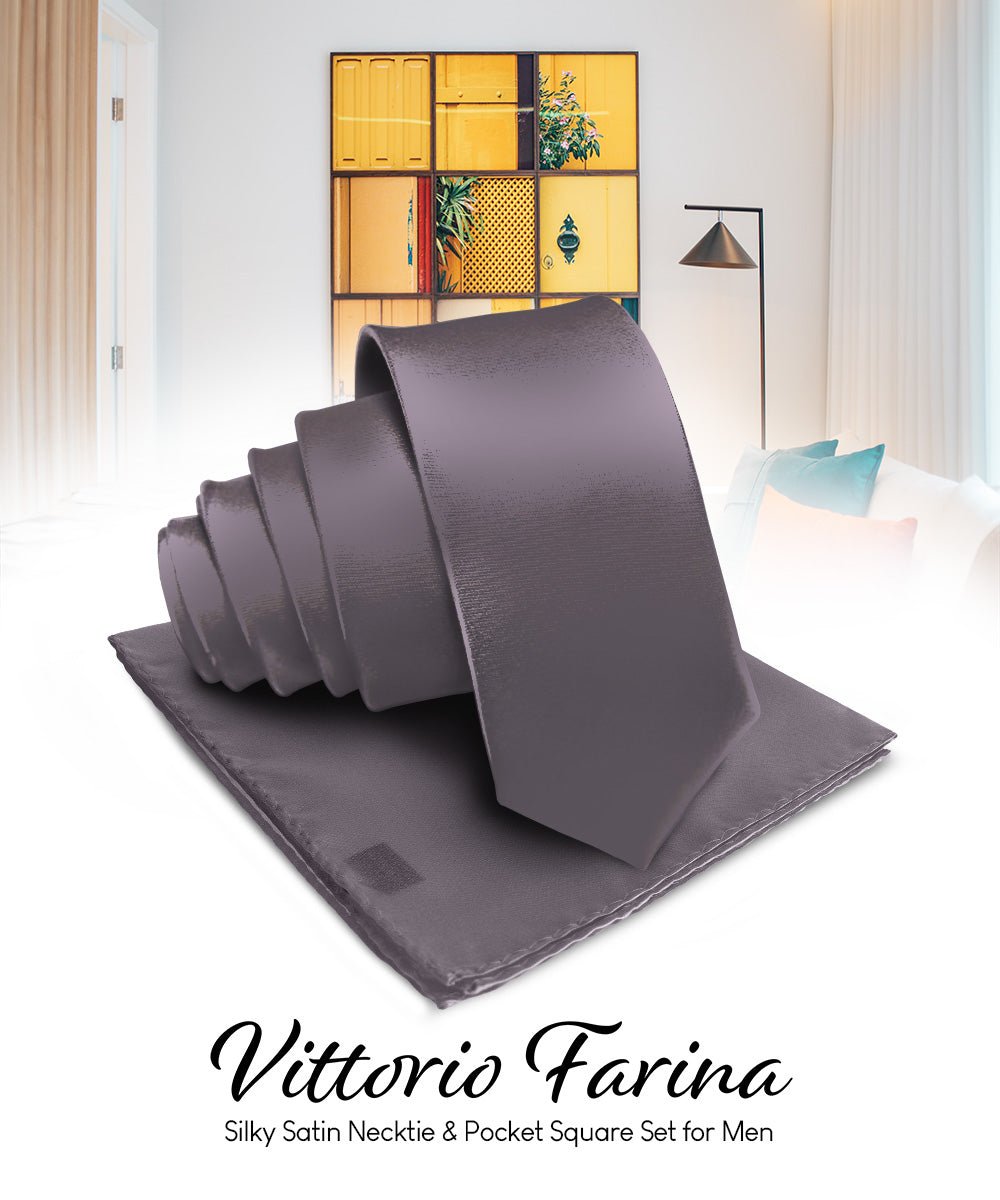 Vittorio Farina Men's Satin Necktie & Pocket Square - Suits You Sir - Charcoal -