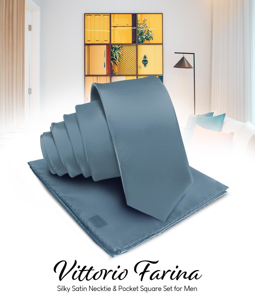 Vittorio Farina Men's Satin Necktie & Pocket Square - Suits You Sir - Cool Gray -