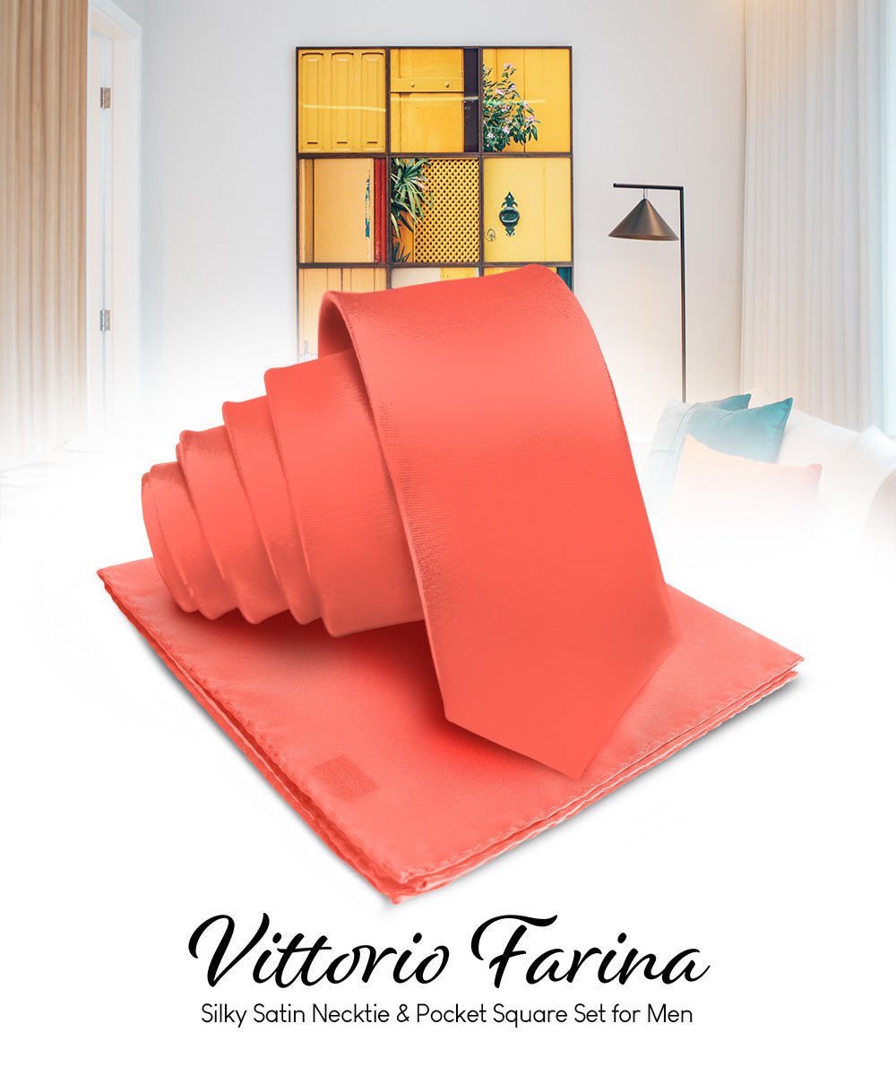 Vittorio Farina Men's Satin Necktie & Pocket Square - Suits You Sir - Coral -