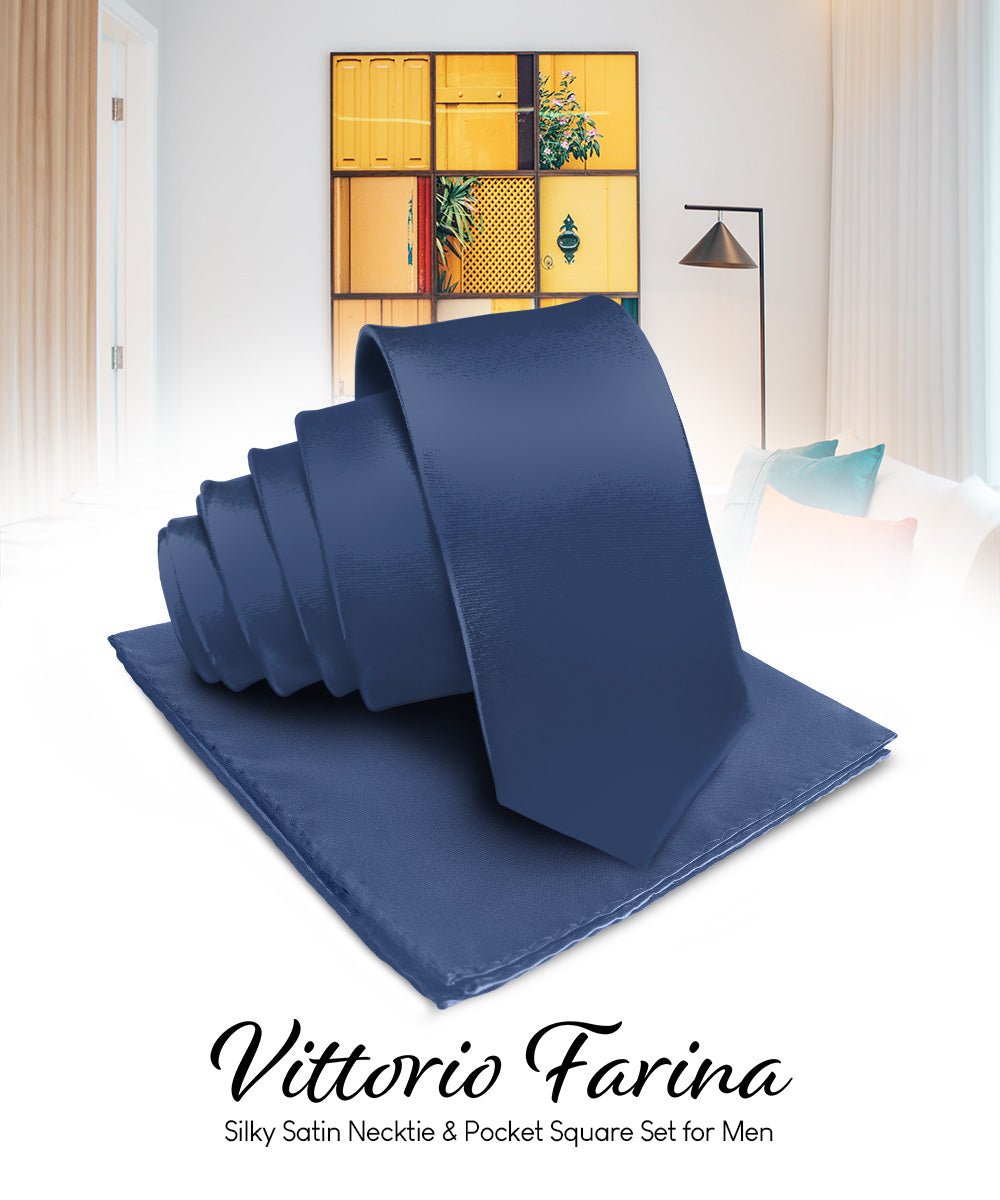 Vittorio Farina Men's Satin Necktie & Pocket Square - Suits You Sir - French Blue -