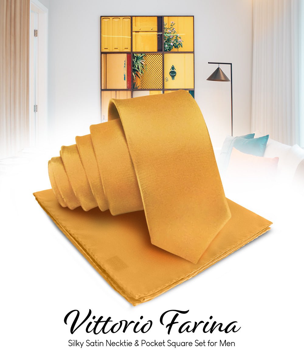 Vittorio Farina Men's Satin Necktie & Pocket Square - Suits You Sir - Gold -