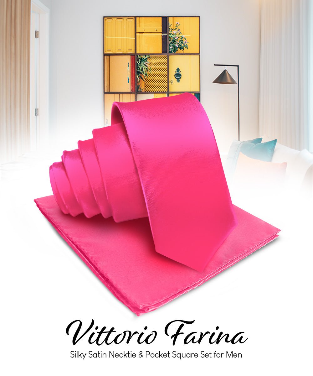 Vittorio Farina Men's Satin Necktie & Pocket Square - Suits You Sir - Hot Pink -
