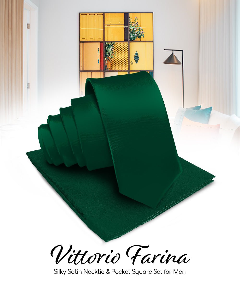 Vittorio Farina Men's Satin Necktie & Pocket Square - Suits You Sir - Hunter Green -