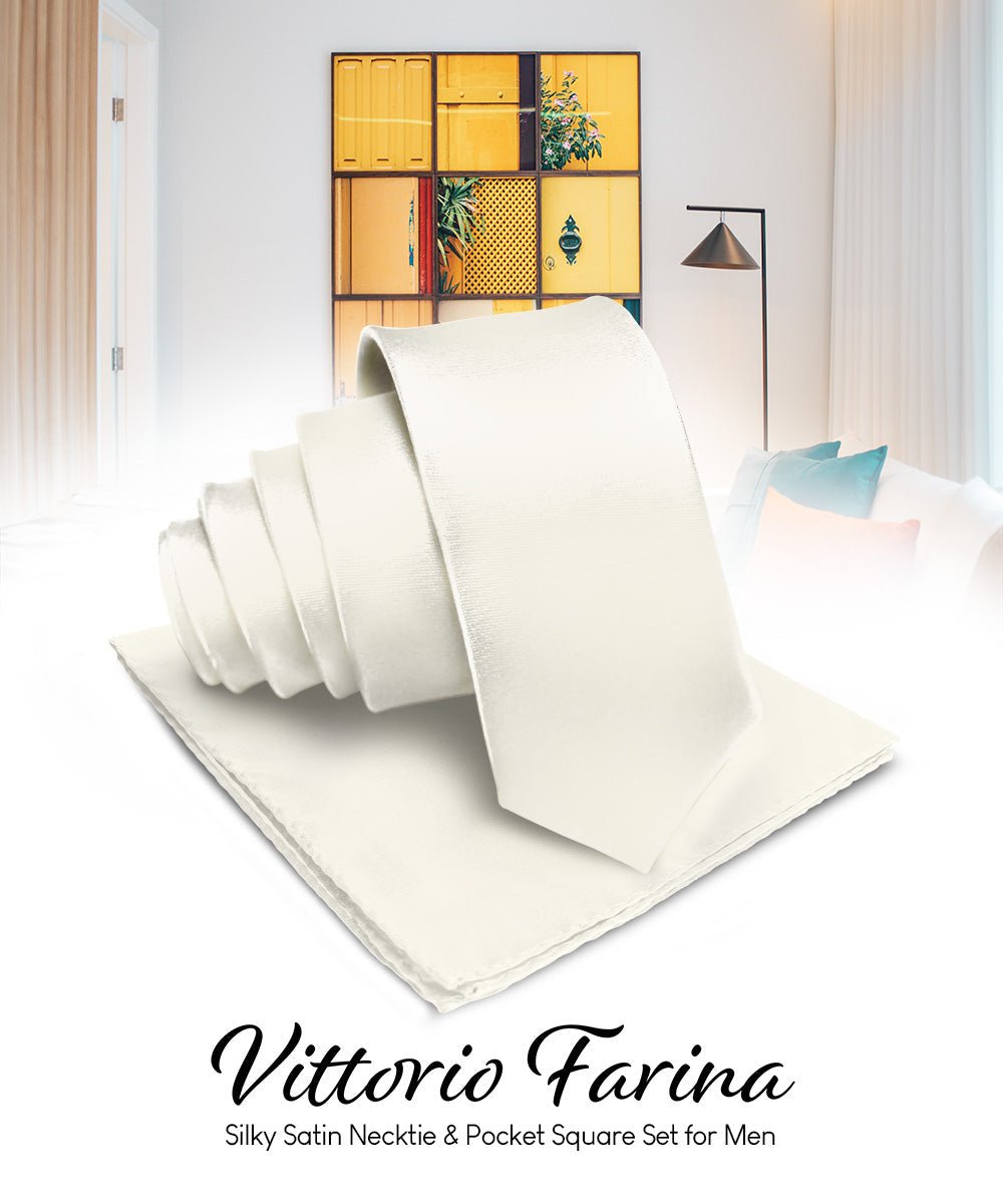 Vittorio Farina Men's Satin Necktie & Pocket Square - Suits You Sir - Ivory -