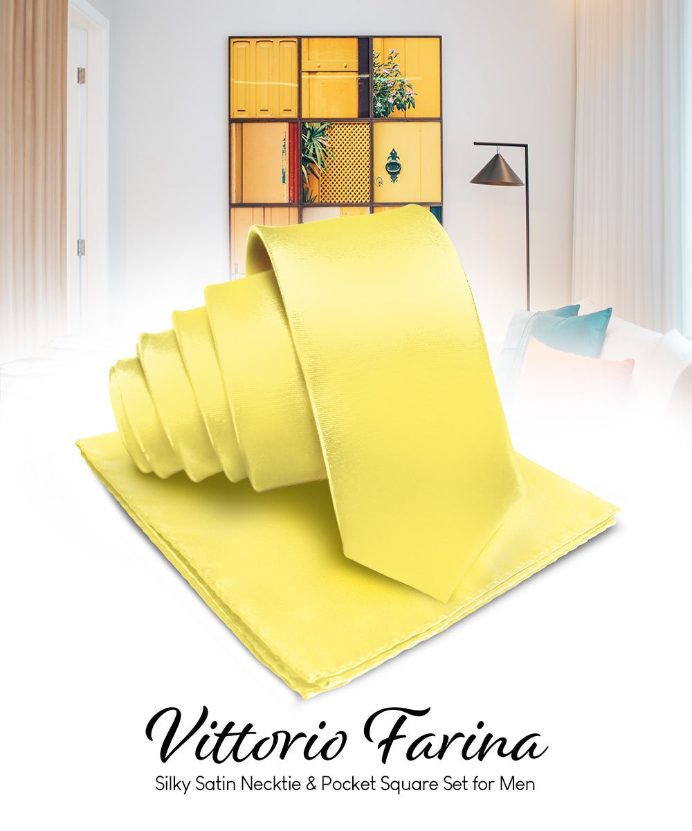 Vittorio Farina Men's Satin Necktie & Pocket Square - Suits You Sir - Lemon -