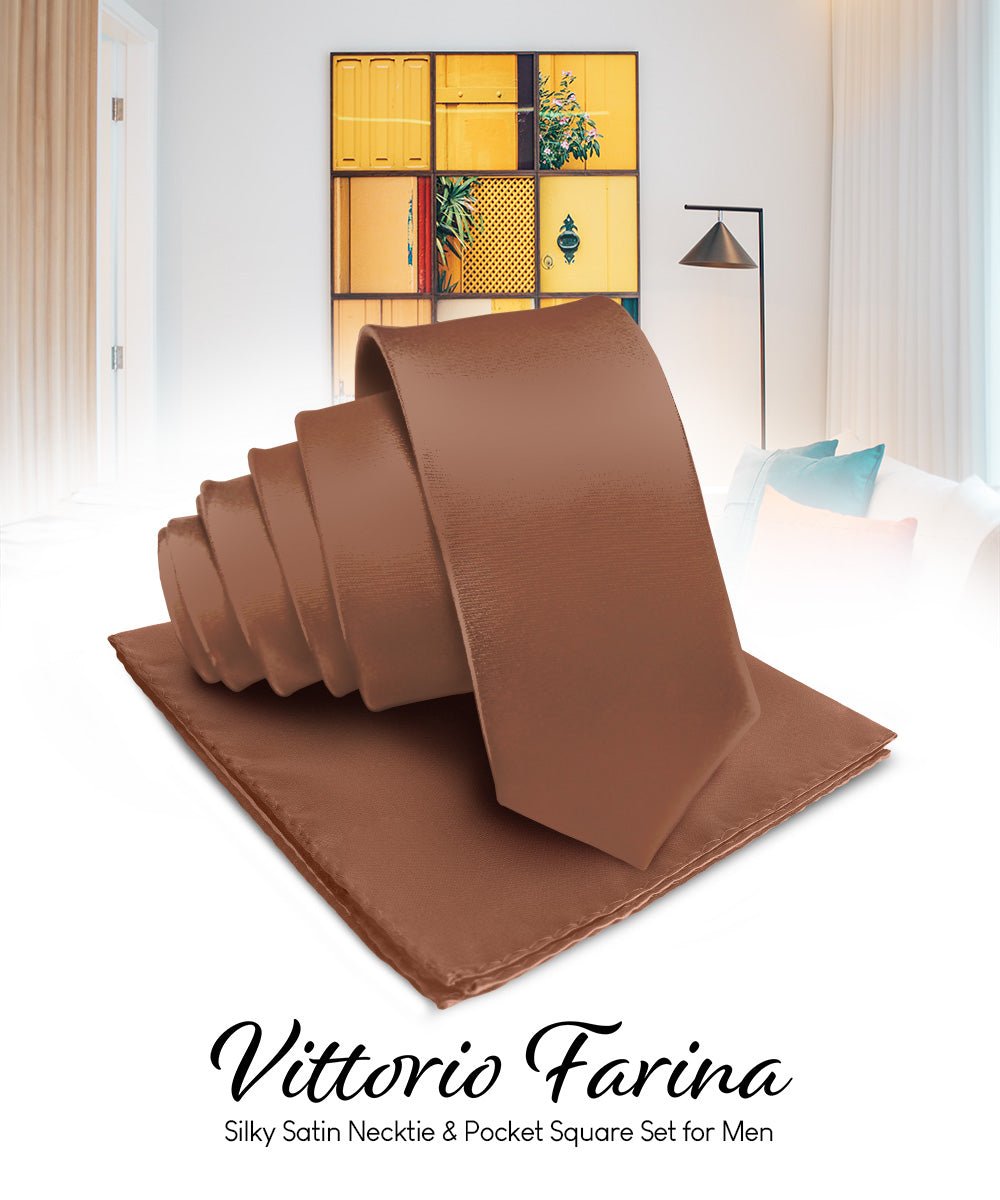Vittorio Farina Men's Satin Necktie & Pocket Square - Suits You Sir - Light Brown -