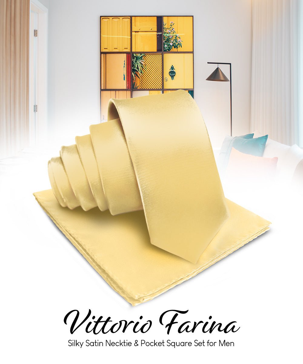 Vittorio Farina Men's Satin Necktie & Pocket Square - Suits You Sir - Light Gold -