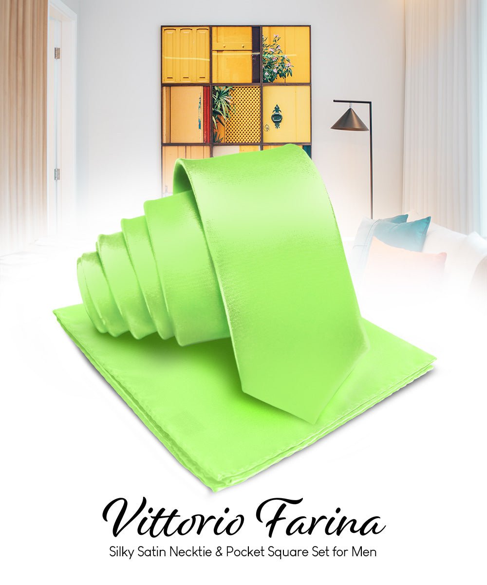 Vittorio Farina Men's Satin Necktie & Pocket Square - Suits You Sir - Lime Green -