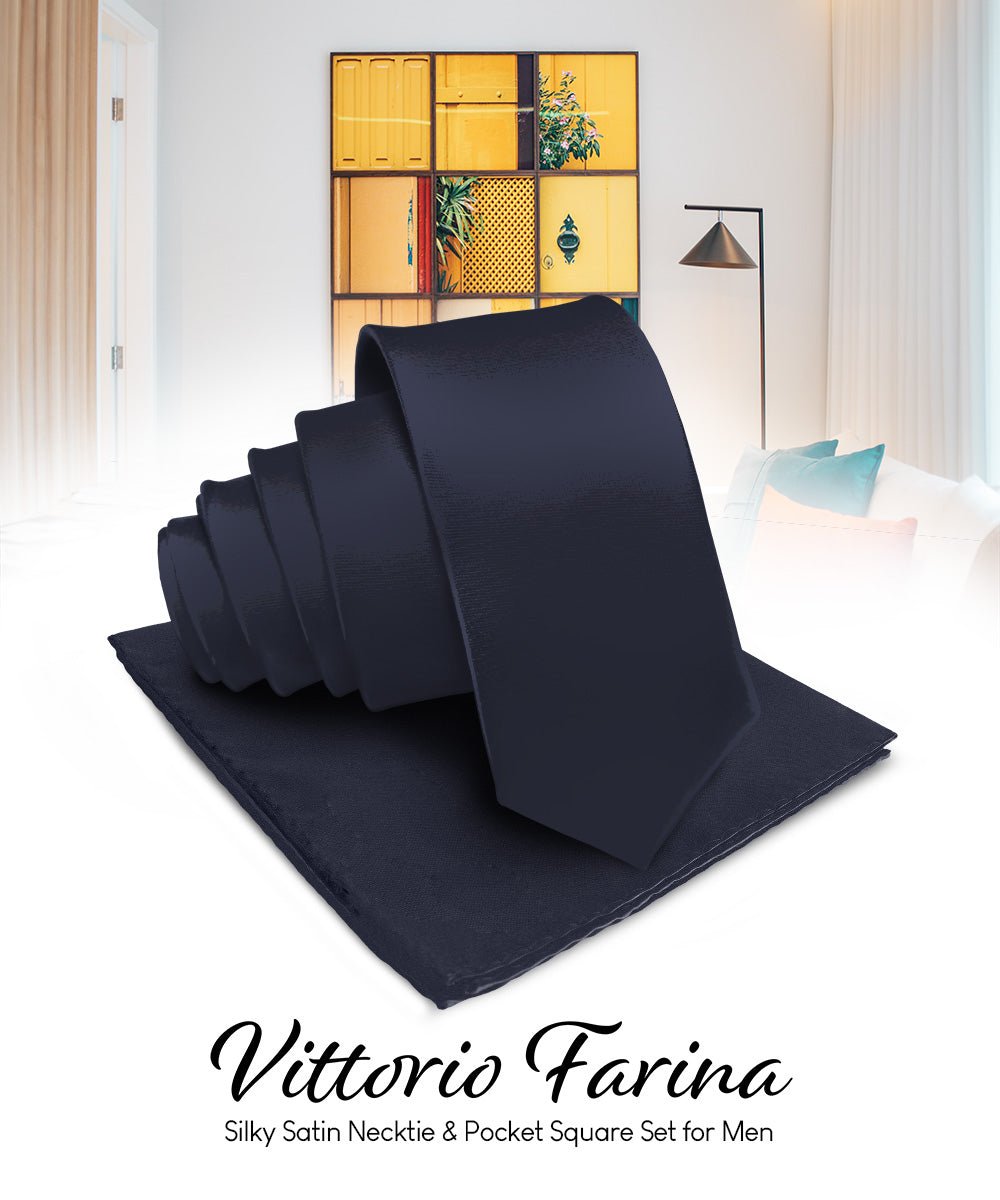 Vittorio Farina Men's Satin Necktie & Pocket Square - Suits You Sir - Navy Blue -