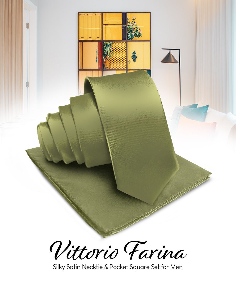 Vittorio Farina Men's Satin Necktie & Pocket Square - Suits You Sir - Olive Green -