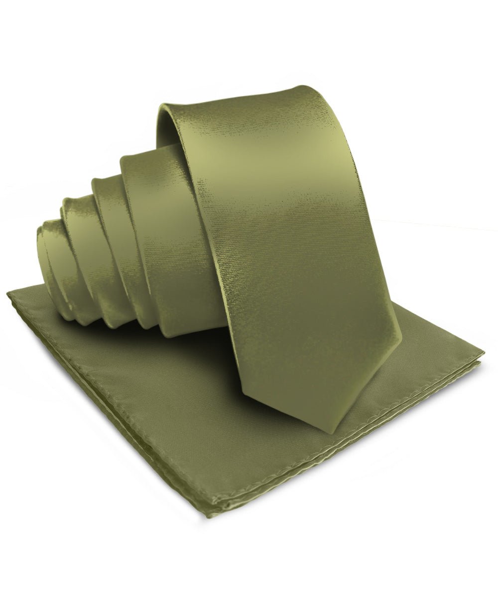 Vittorio Farina Men's Satin Necktie & Pocket Square - Suits You Sir - Olive Green -