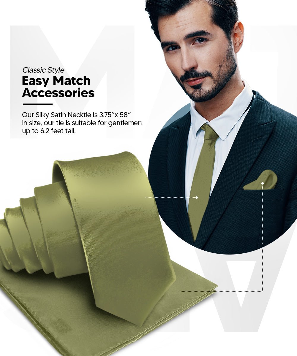 Vittorio Farina Men's Satin Necktie & Pocket Square - Suits You Sir - Olive Green -