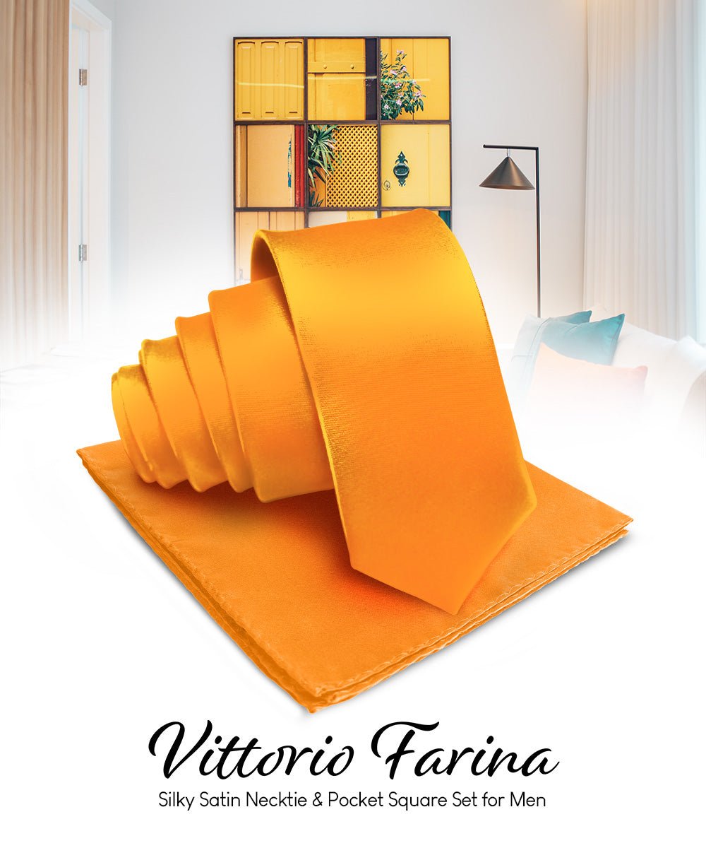 Vittorio Farina Men's Satin Necktie & Pocket Square - Suits You Sir - Orange -