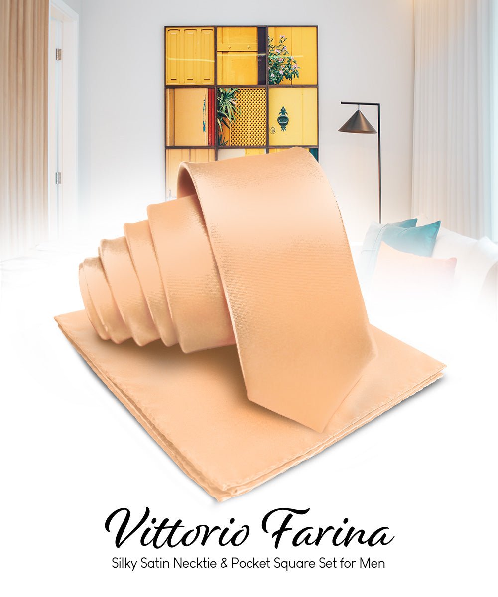 Vittorio Farina Men's Satin Necktie & Pocket Square - Suits You Sir - Peach -