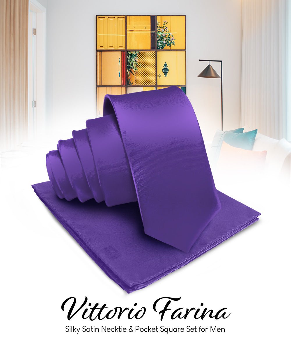Vittorio Farina Men's Satin Necktie & Pocket Square - Suits You Sir - Purple -