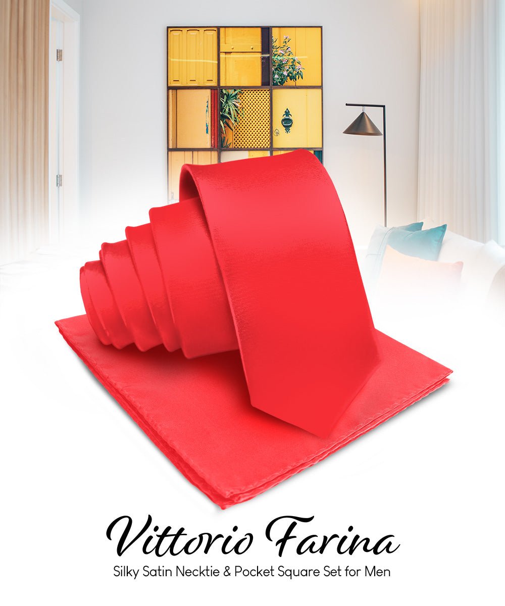 Vittorio Farina Men's Satin Necktie & Pocket Square - Suits You Sir - Red -