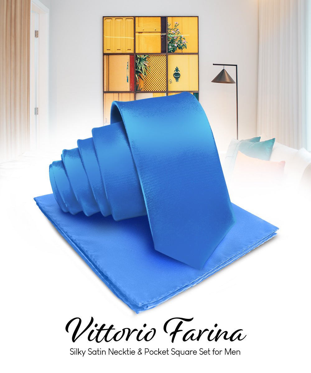 Vittorio Farina Men's Satin Necktie & Pocket Square - Suits You Sir - Royal Blue -