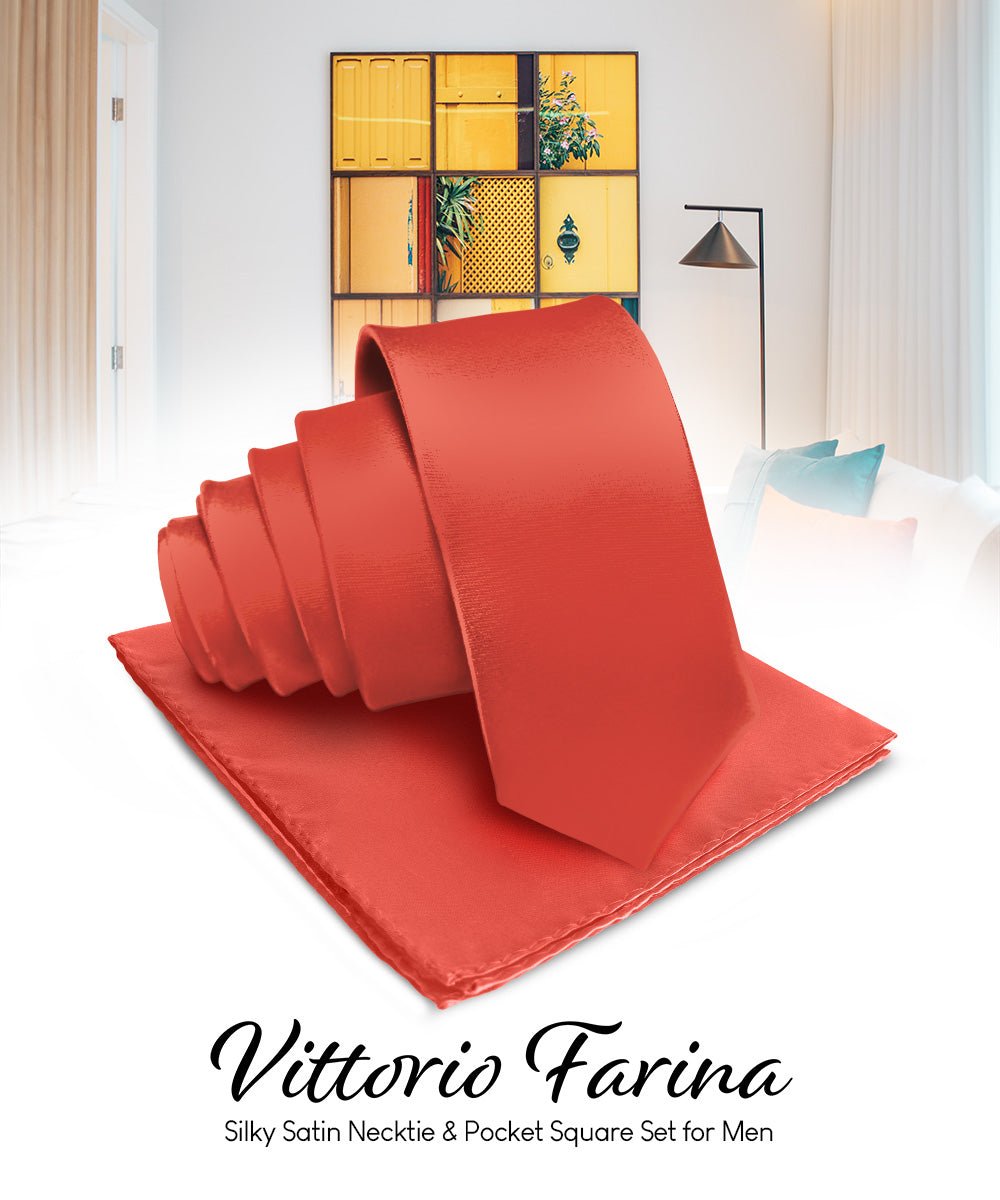 Vittorio Farina Men's Satin Necktie & Pocket Square - Suits You Sir - Rust Red -