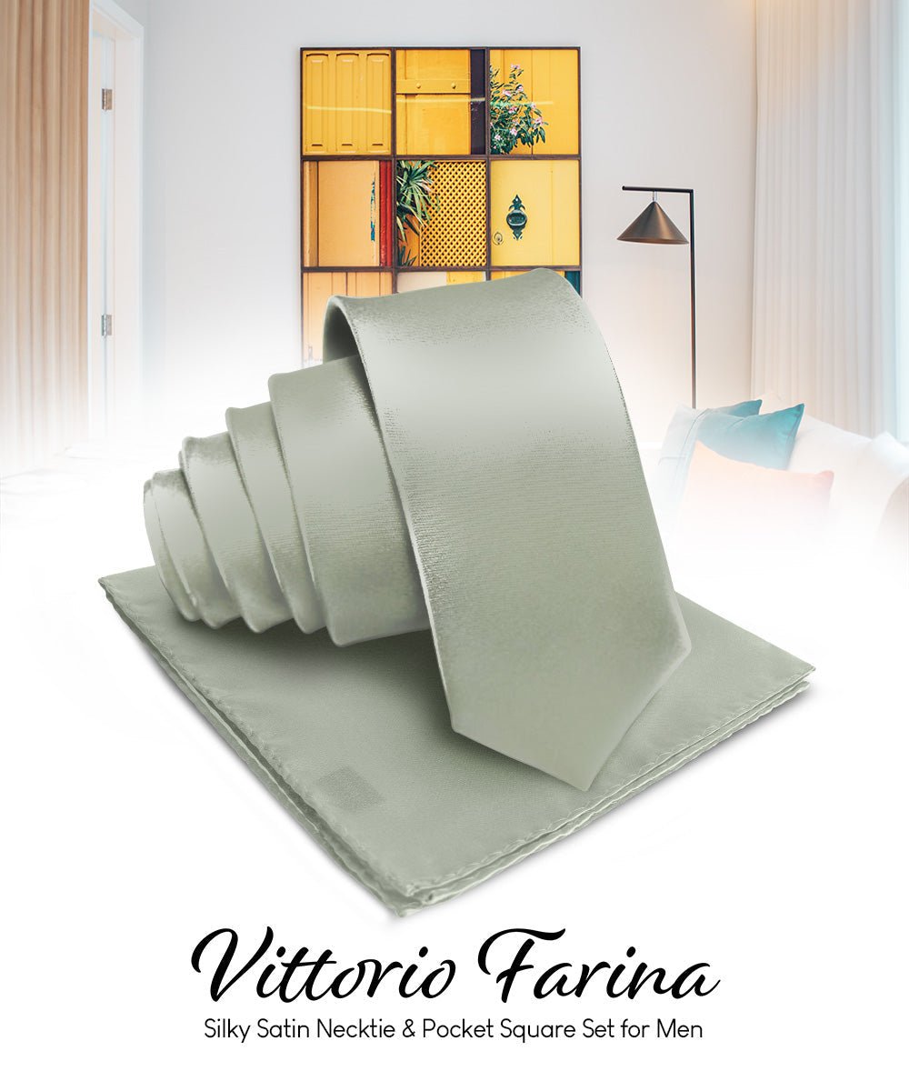 Vittorio Farina Men's Satin Necktie & Pocket Square - Suits You Sir - Sage Green -