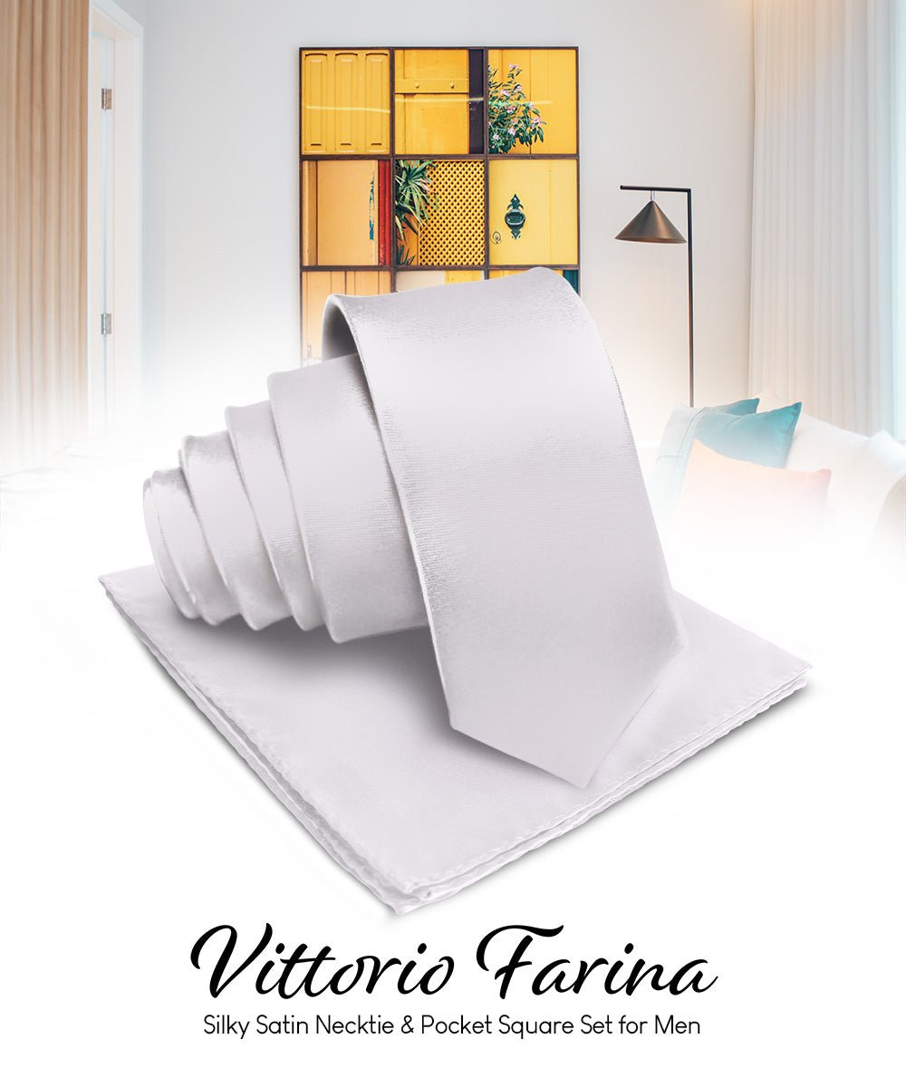Vittorio Farina Men's Satin Necktie & Pocket Square - Suits You Sir - Silver -
