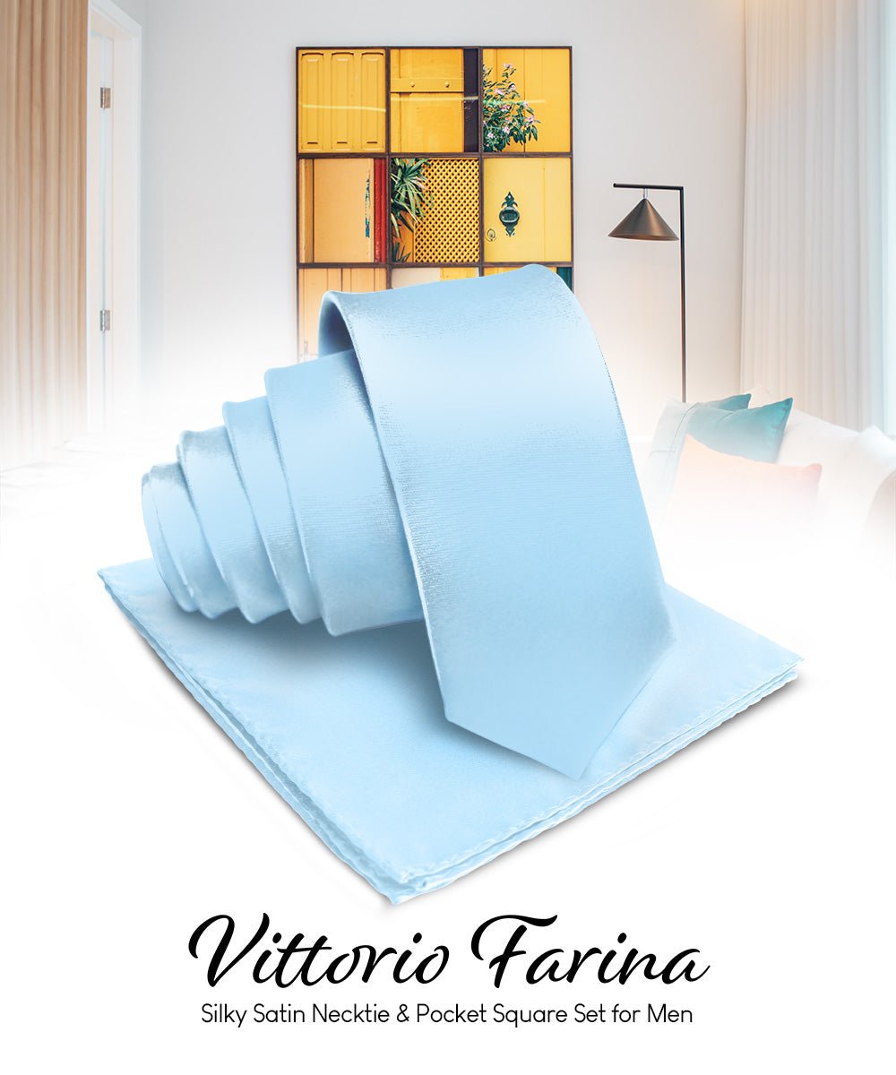 Vittorio Farina Men's Satin Necktie & Pocket Square - Suits You Sir - Sky Blue -