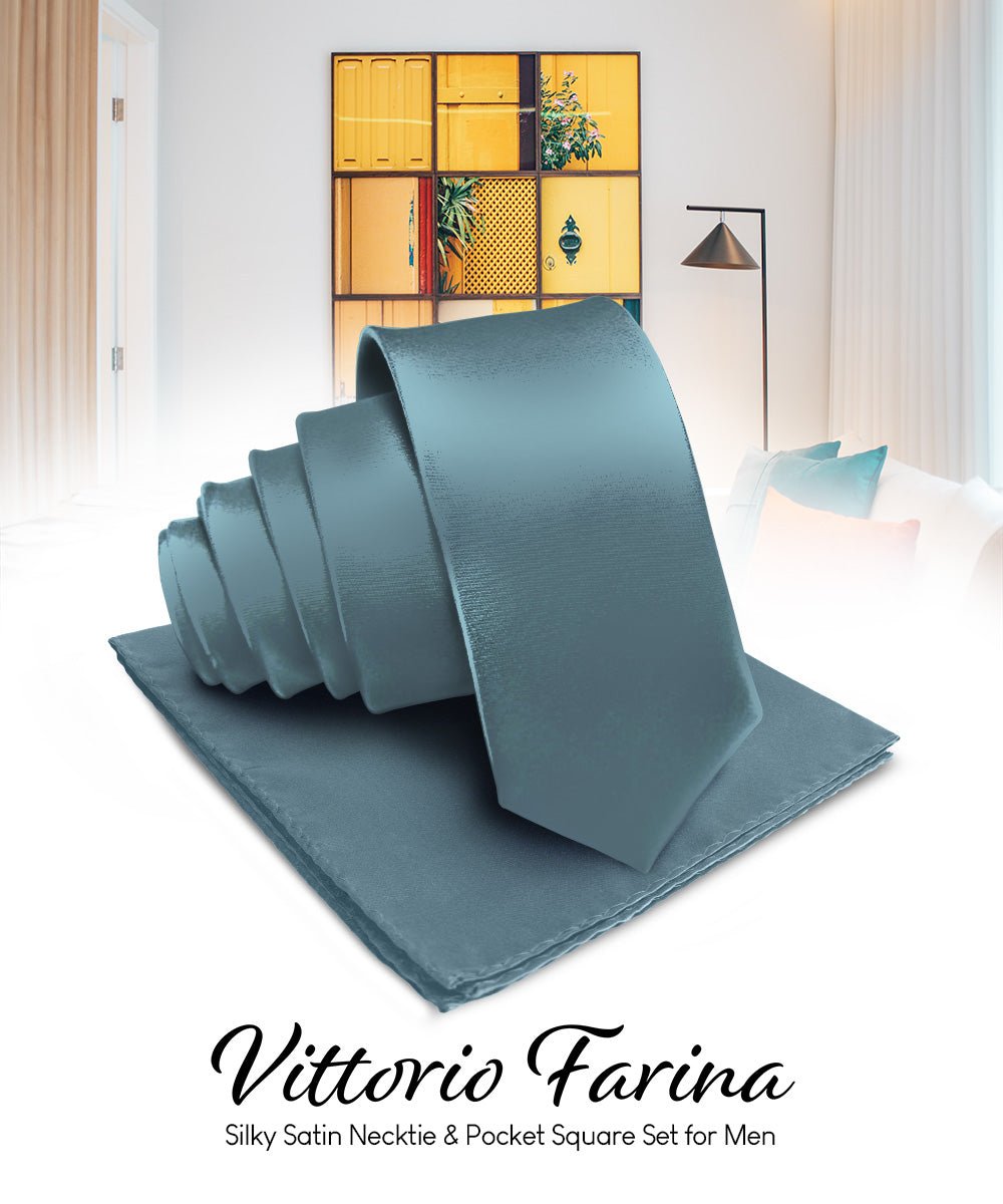 Vittorio Farina Men's Satin Necktie & Pocket Square - Suits You Sir - Slate Gray -