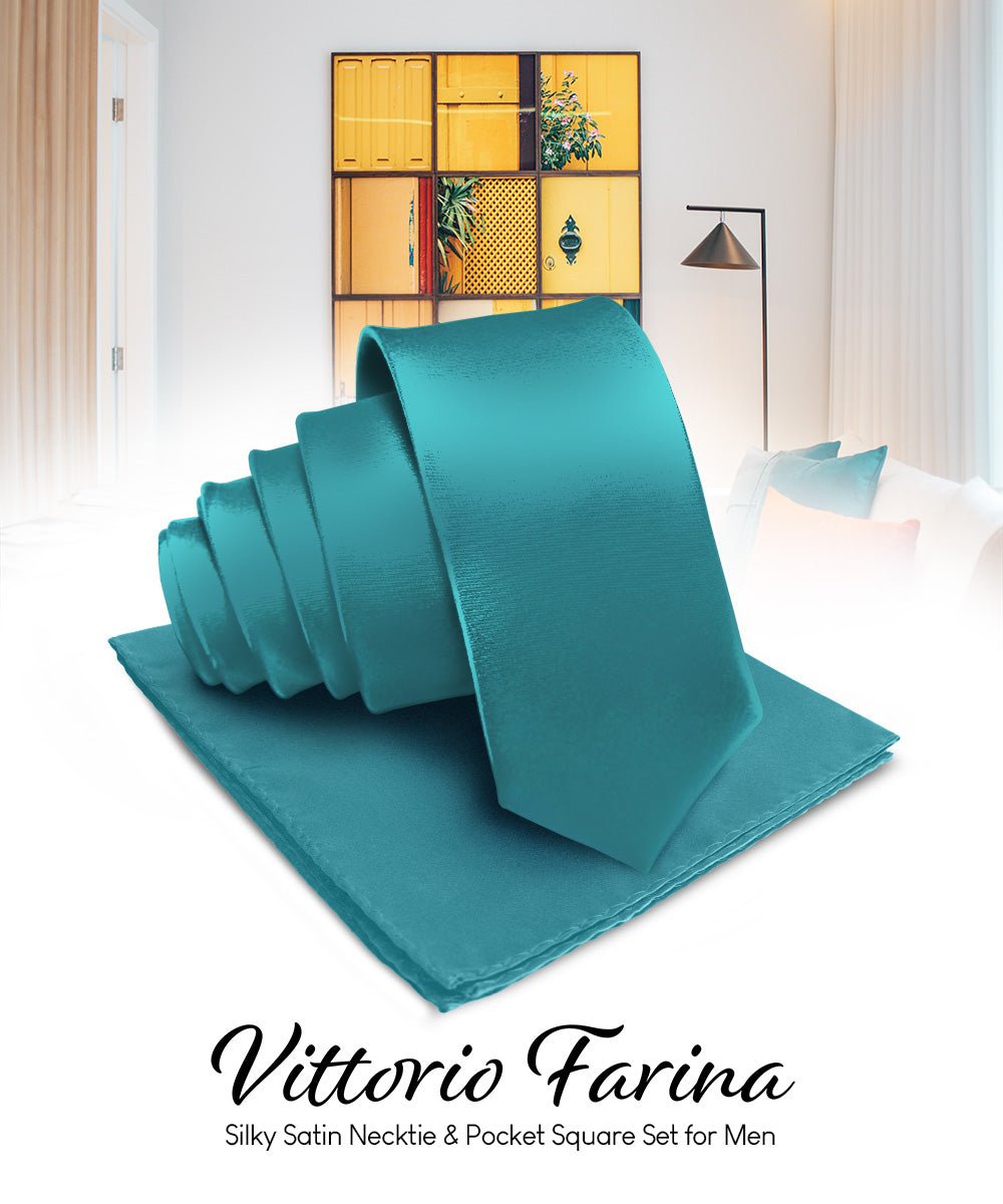 Vittorio Farina Men's Satin Necktie & Pocket Square - Suits You Sir - Teal Blue -