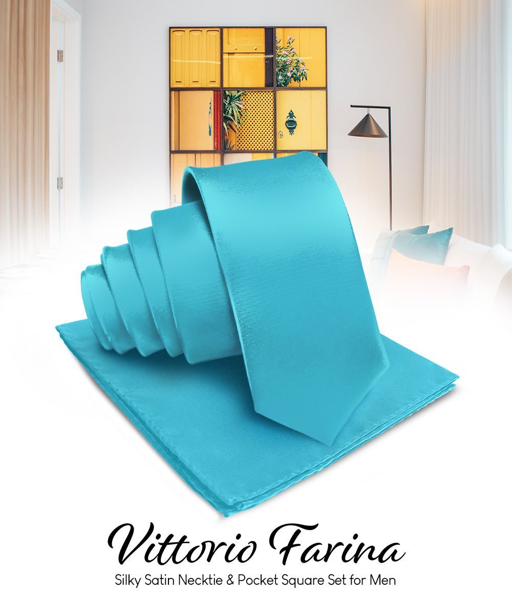 Vittorio Farina Men's Satin Necktie & Pocket Square - Suits You Sir - Turquoise -