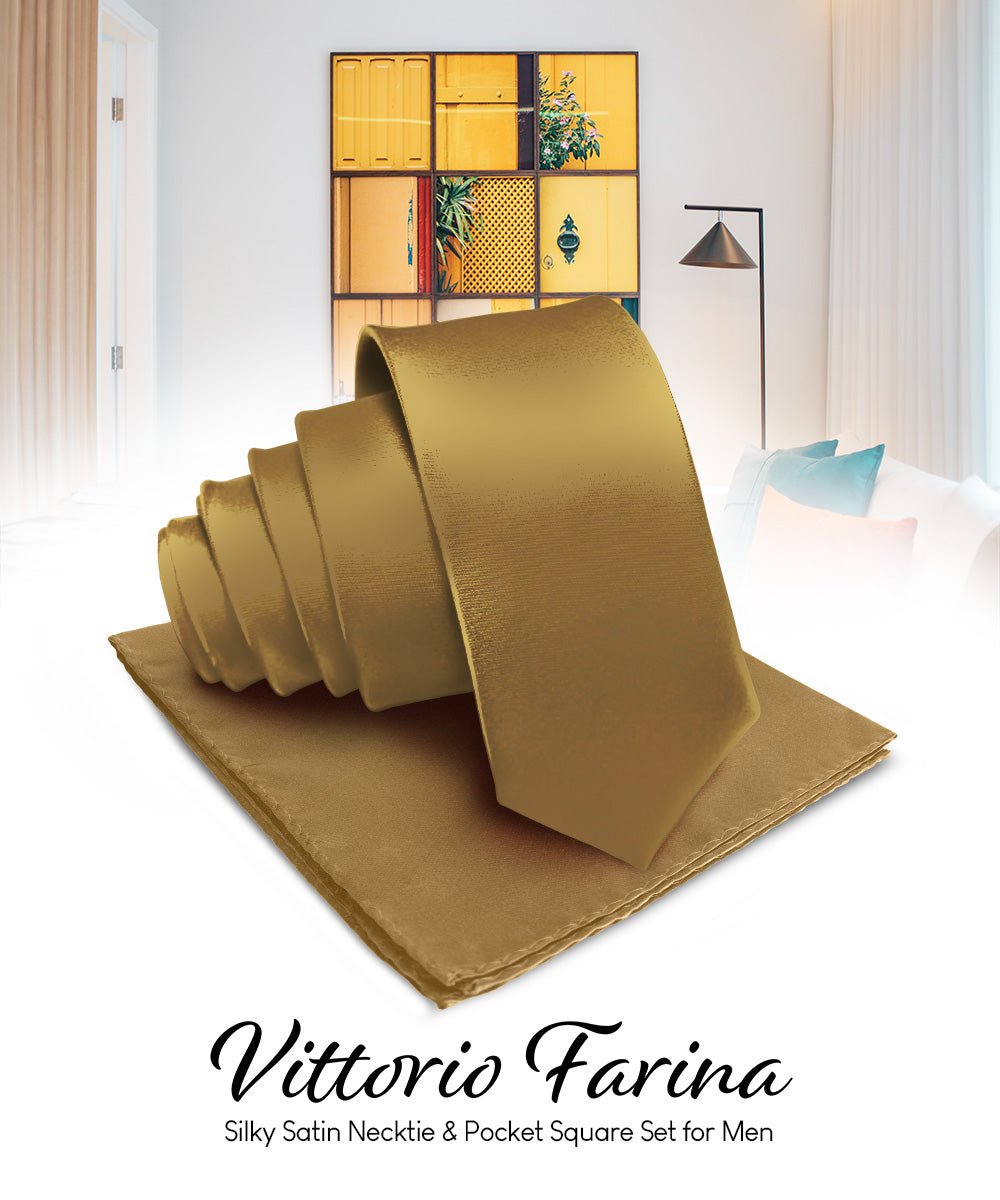Vittorio Farina Men's Satin Necktie & Pocket Square - Suits You Sir - Whiskey Brown -