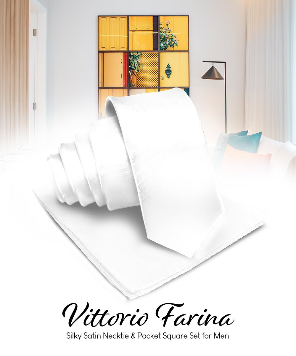 Vittorio Farina Men's Satin Necktie & Pocket Square - Suits You Sir - White -