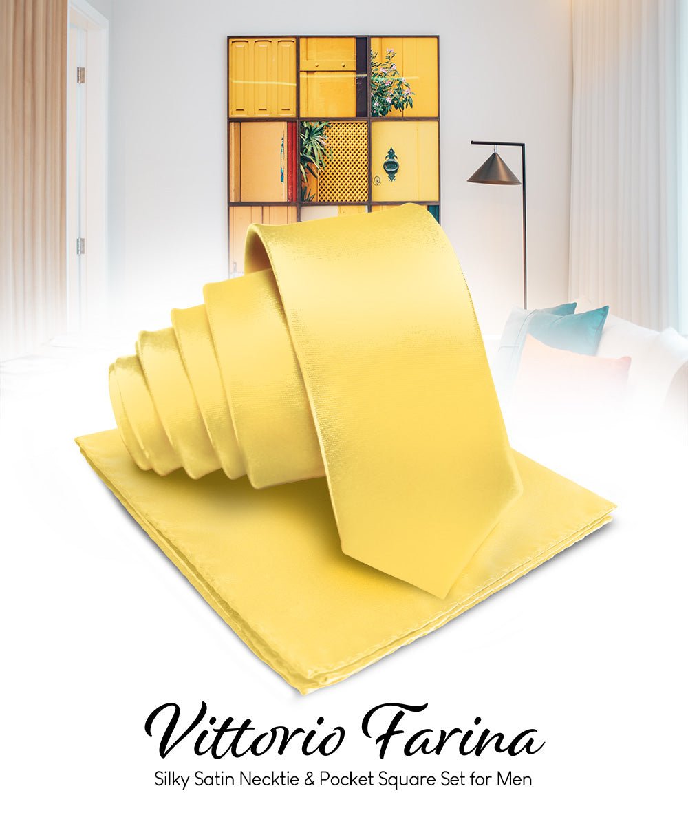 Vittorio Farina Men's Satin Necktie & Pocket Square - Suits You Sir - Yellow -